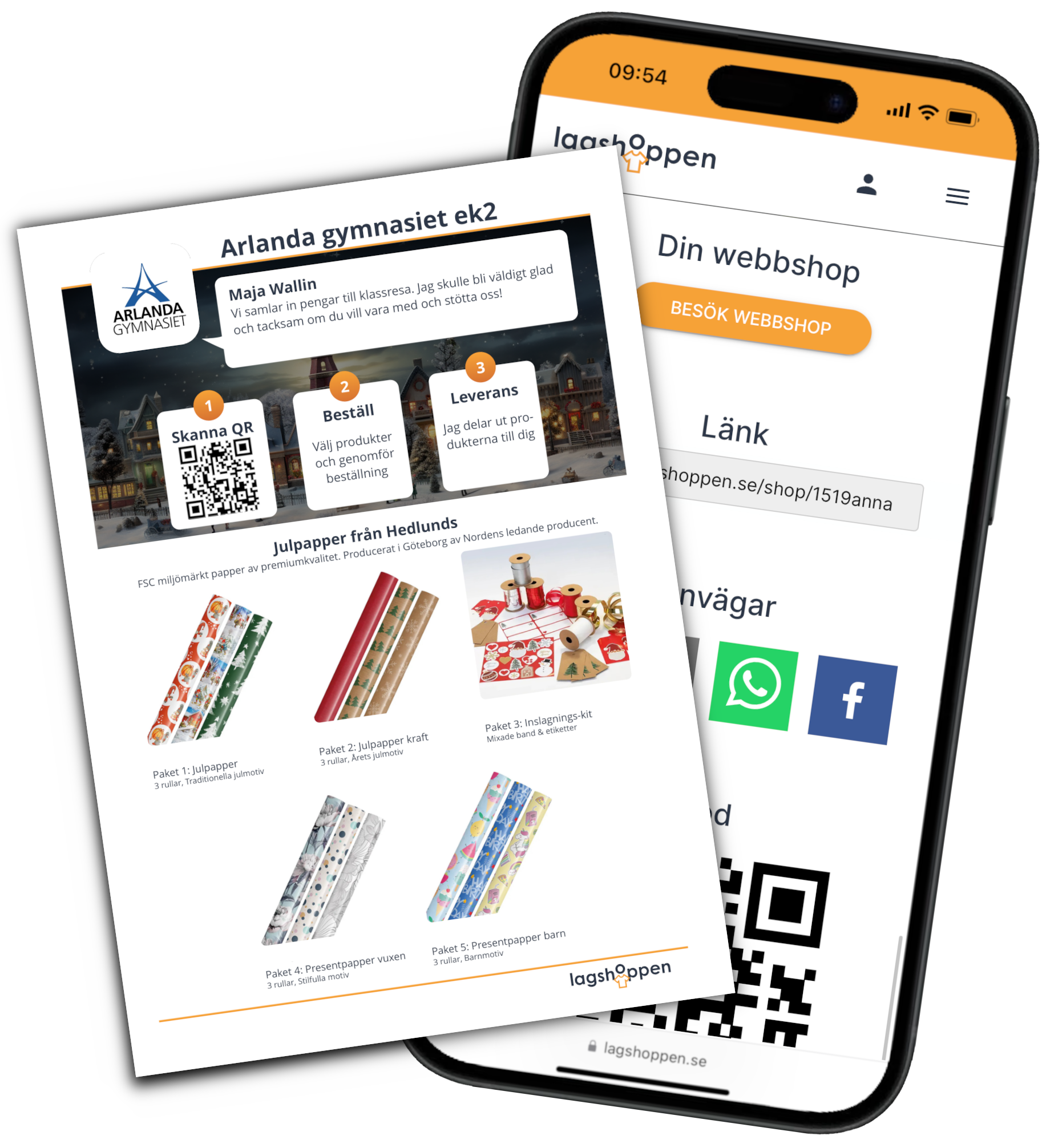 Ett säljblad och en mobiltelefon som visar enkel försäljning av julpapper
