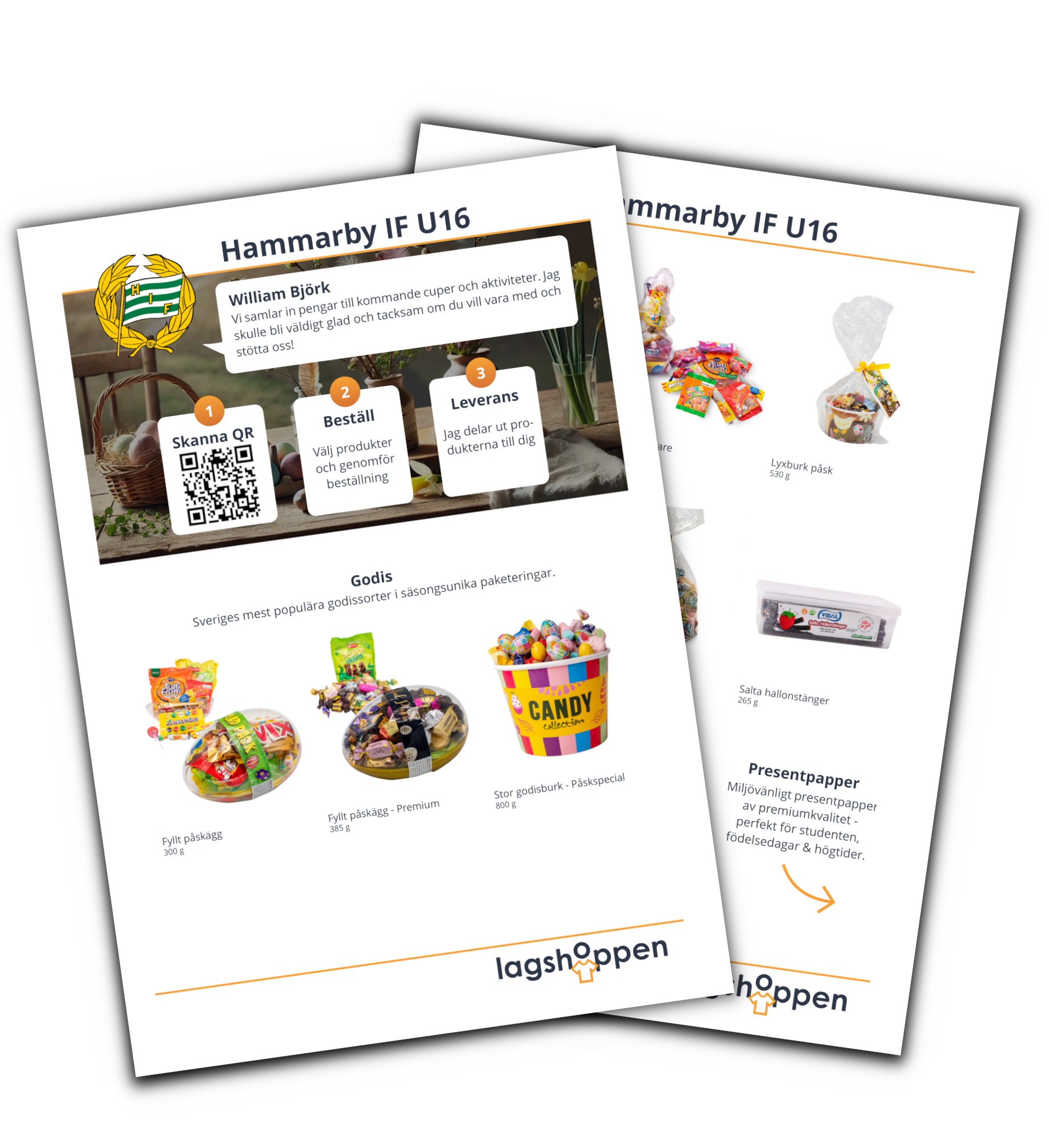 Ett säljblad och en mobiltelefon som visar hur enkelt det är att tjäna pengar med påskgodis