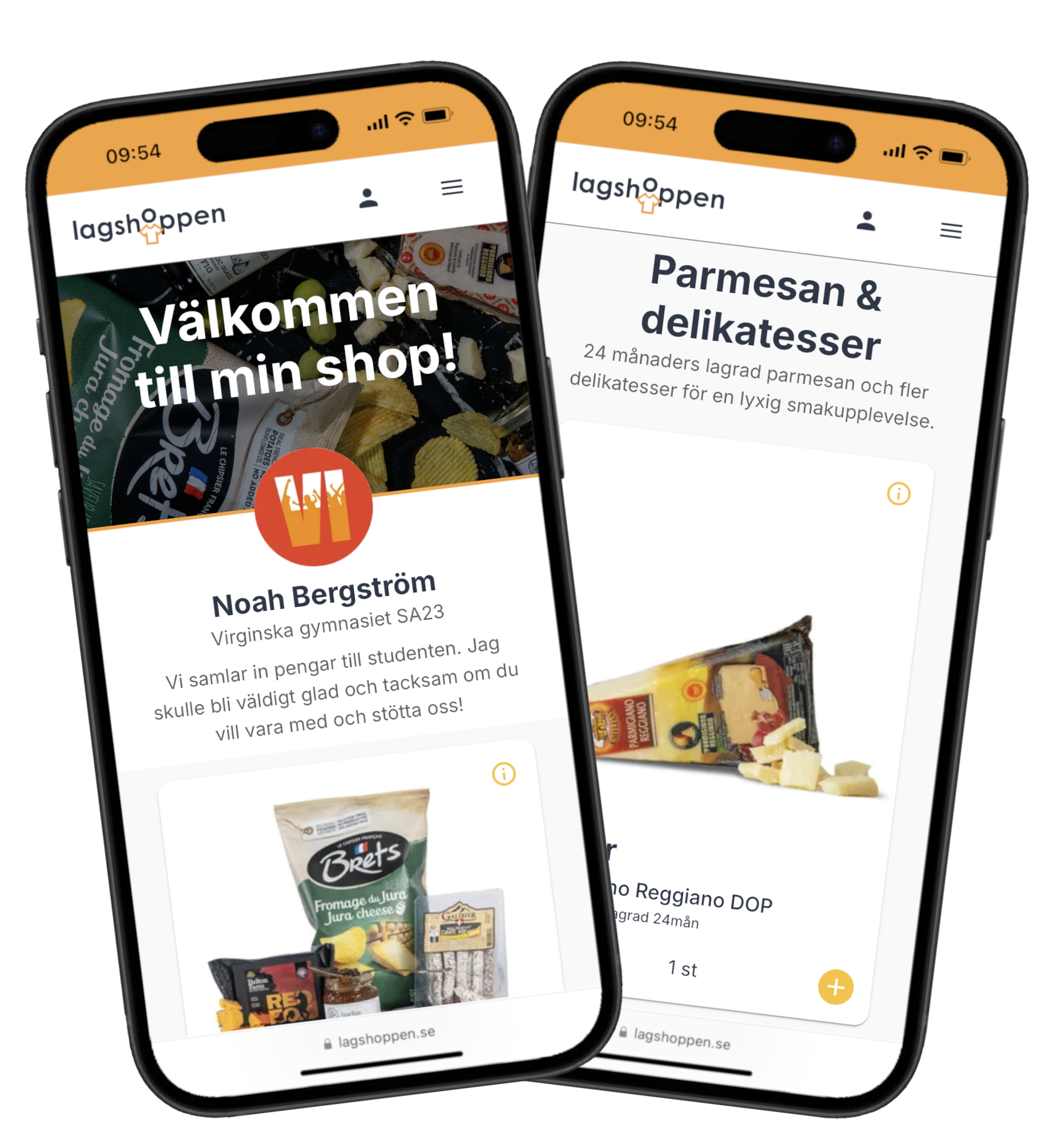 Två mobiltelefoner som visar alternativ på sortiment för att tjäna pengar till föreningen.